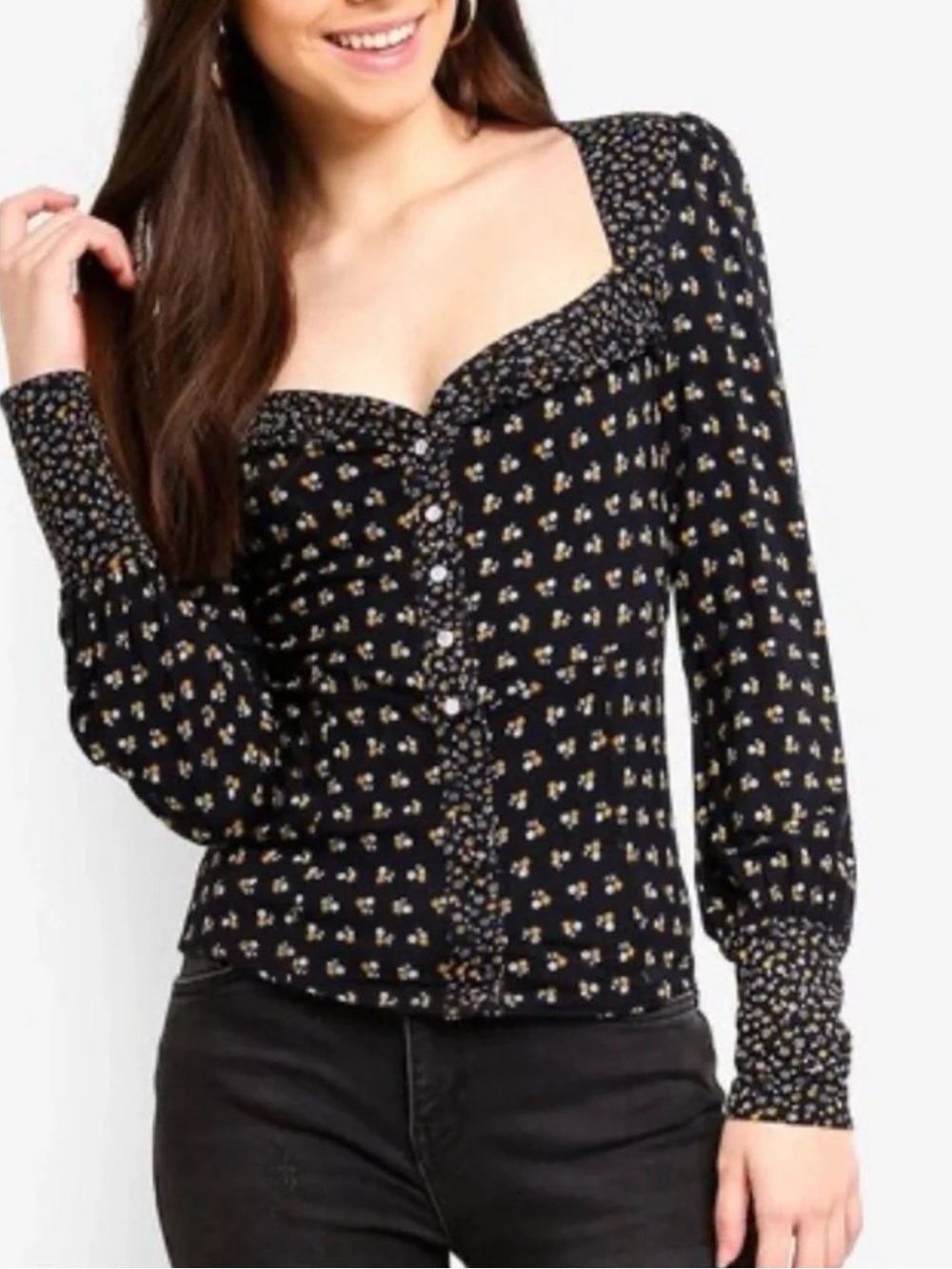 Free People Kissin Kate Square-Neck Pearl Button Front Floral Top Size Small EUC